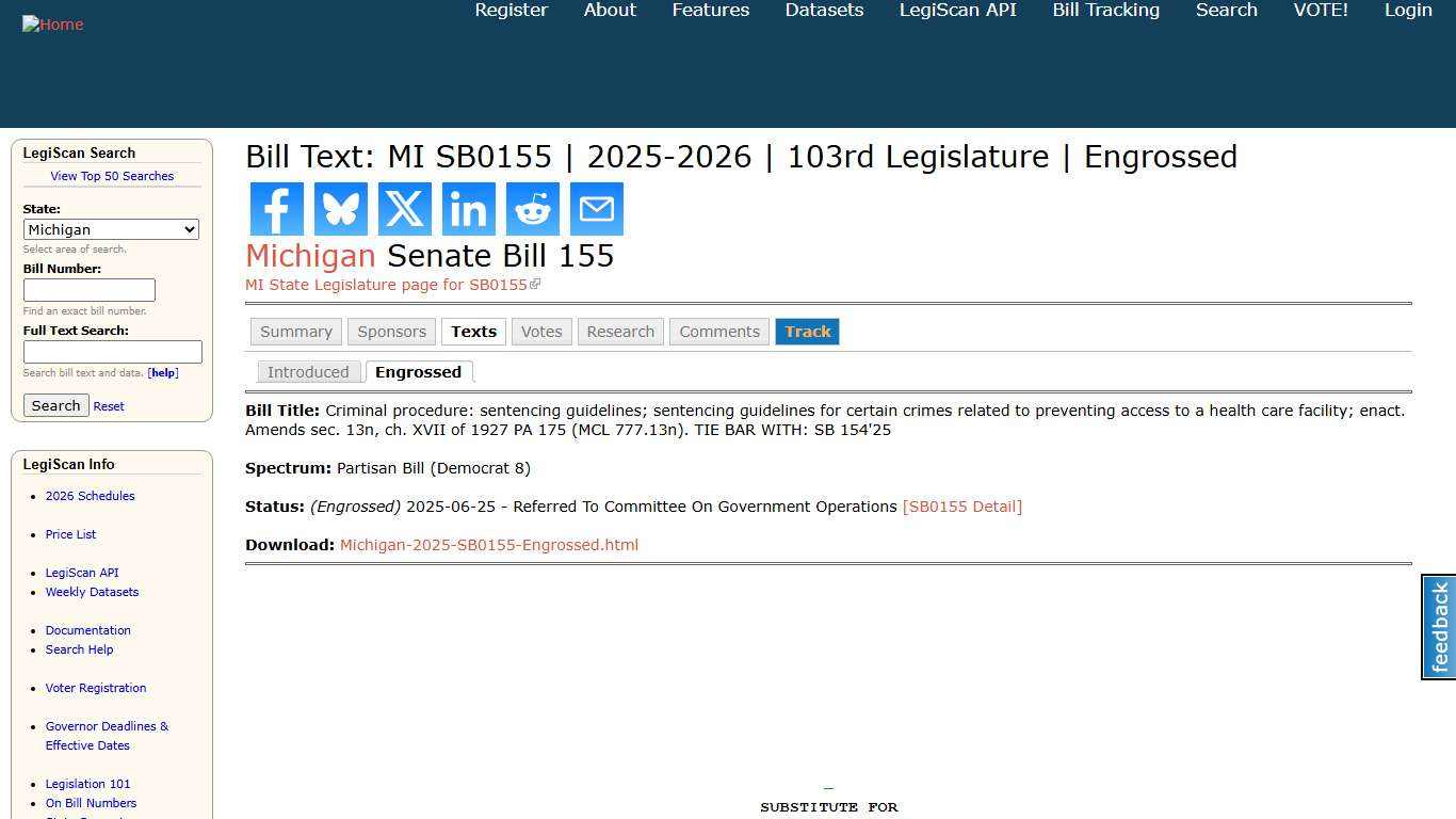 Bill Text: MI SB0155 | 2025-2026 | 103rd Legislature | Engrossed | LegiScan